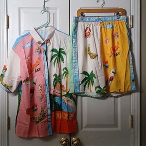 Paradise Inn Tropical Beachy Y2K lounge pajama set  shirt shorts  Sz 2XL  NWOT